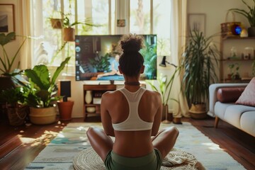 Evening workout session in a cozy living room with a focus on a yoga routine guided by a television set
