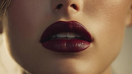 Naklejka premium A close-up of lips with a velvety matte texture in a rich mauve tone, softly lit by ambient light, sharp focus on natural folds and creases, surrounded by a smooth blurred neutral-toned background,