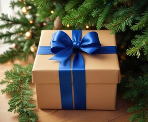 Wrapped Christmas present with a blue ribbon under the branches of an artificial evergreen tree, gifts, winter wonderland, blue ribbon