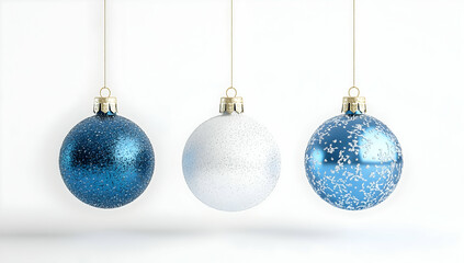 3D hanging ornaments, in a blue and white color palette, isolated on a white background