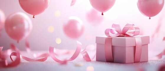 Fototapeta premium Celebratory Moment With Pastel Decorations, a Beautifully Wrapped Gift, and Soft Pink Balloons in a Festive Atmosphere