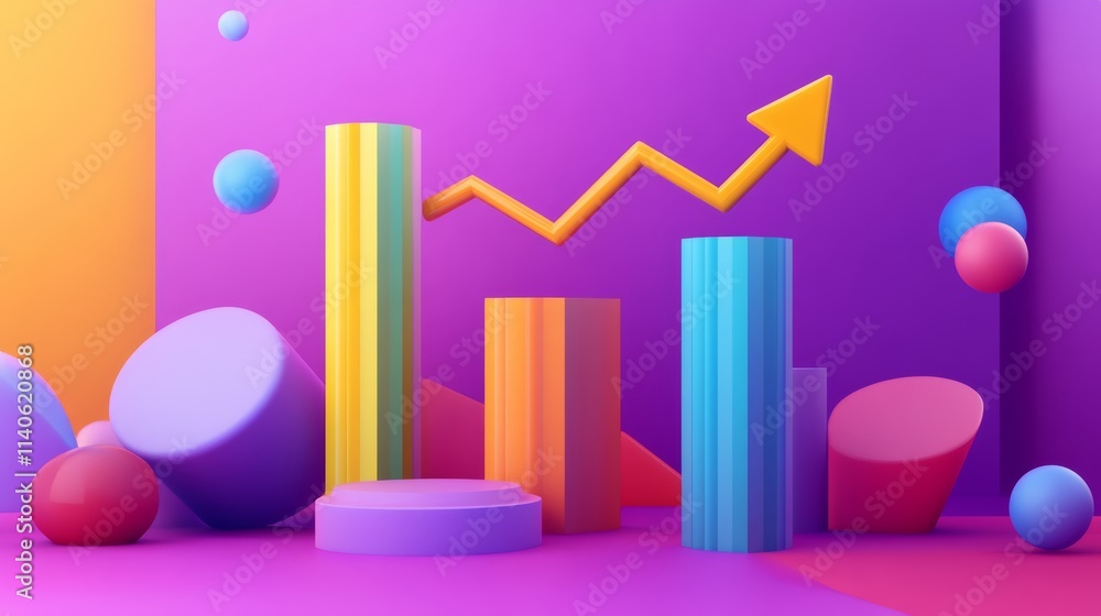 Poster growing bar graph and ascending arrow representing business success in vibrant 3d scene