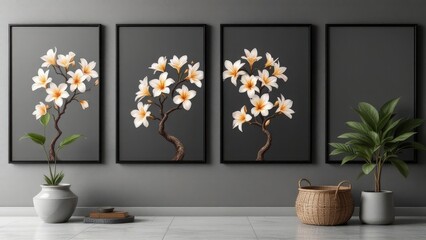 set of four vertical posters, black frames, minimalist style, heart-shaped large old frangipani tree, soft neutral background, elegant and modern design