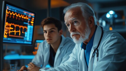 Fototapeta premium A senior doctor with a caring expression, explaining a procedure to a young medical professional in a high-tech laboratory, glowing screens and sleek tools surrounding them,