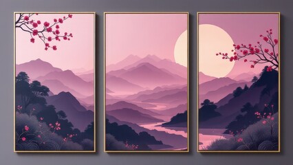 Set of three vertical posters, Japanese minimalist style, abstract plum blossom wall art, serene modern landscape painting, soft neutral tones