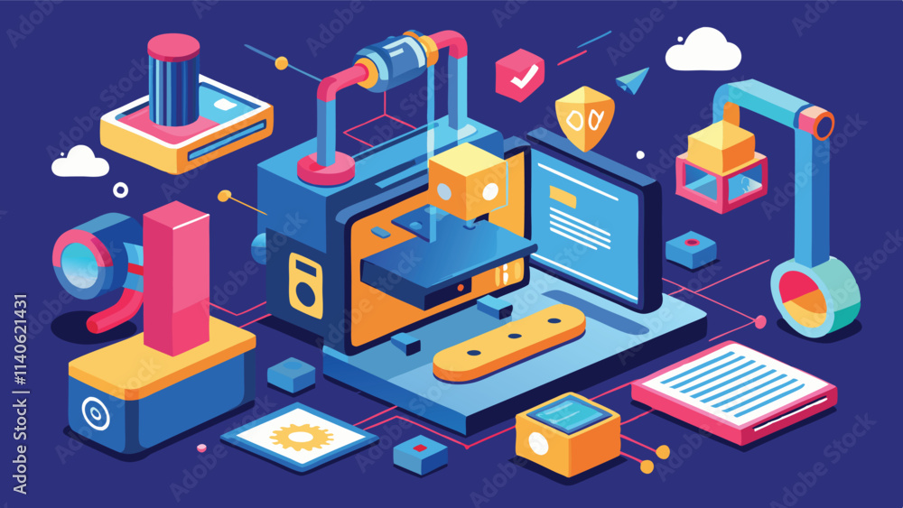Poster vector illustration showcasing a 3d printer in a creative workspace with colorful tools and material