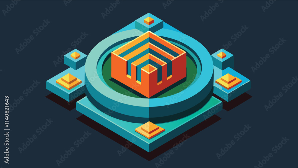 Aufkleber Geometric vector design featuring a colorful cube surrounded by a circular frame on a dark background, emphasizing modern abstract art
