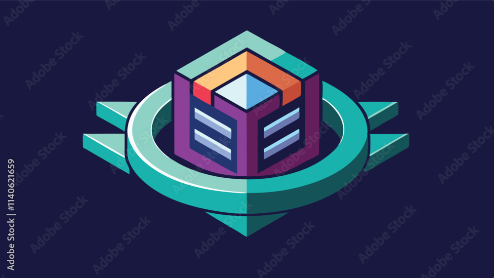 Poster Geometric vector design featuring a colorful cube surrounded by a circular frame on a dark background, emphasizing modern abstract art