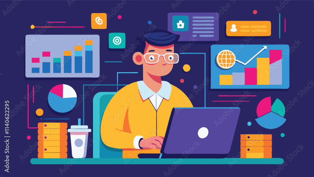 Poster professional working on a laptop with data visualizations and analytics in a modern workspace enviro