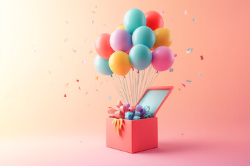 Surprise gift box and colorful balloons in festive studio photo