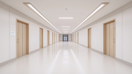 Obraz premium serene hospital corridor with clean lines and wooden doors