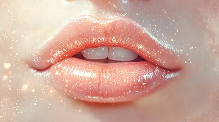 A close-up of softly parted lips with a natural pink hue and a subtle pearlescent gloss, illuminated by soft, diffused lighting, sharp focus on the textures,
