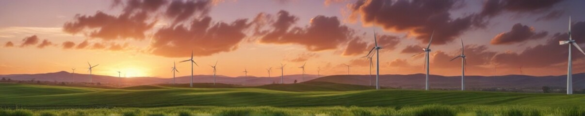 A group of wind turbines in a green landscape with a beautiful sunset behind them, green land, power generation, distant mountains