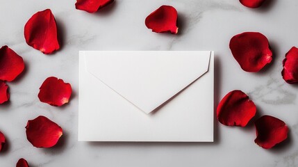 A white envelope surrounded by red rose petals on a marble surface, evoking romance and elegance.