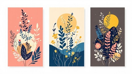 set of three vertical posters, minimalist botanical theme, single colorful line art illustrations of leaves, flowers, and branches