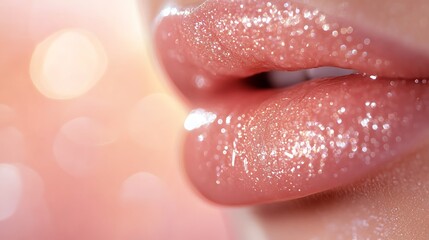 Fototapeta premium A close-up photograph of soft, dewy lips with a natural peach tone, subtle hydration beads visible, sharp focus on the texture, with a blurred pastel background, illuminated by gentle,