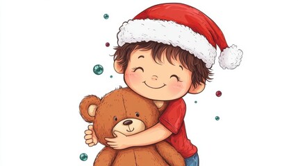 Happy Kid Hugging Teddy Bear in Santa Hat