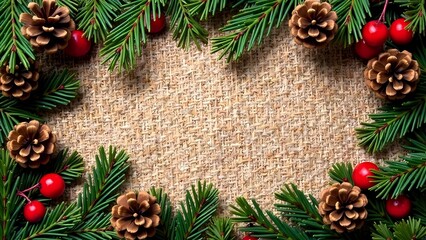 Christmas elements frame a rustic burlap background featuring Christmas trees, branches and red berries, creating a warm, festive atmosphere perfect for holiday cards