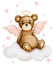 Cute Teddy bear as an angel sits on a cloud. Composition for Valentine's Day, Birthday. Design for postcard, greeting card, poster, etc. Watercolor illustration isolated on white background.