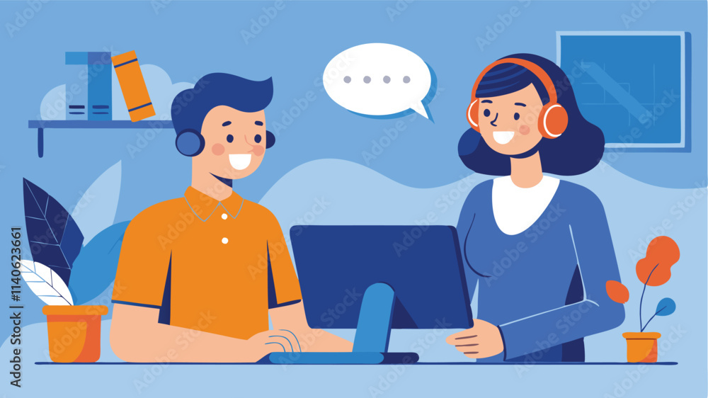 Poster conversation between two professionals in a modern office, showcasing teamwork and communication wit