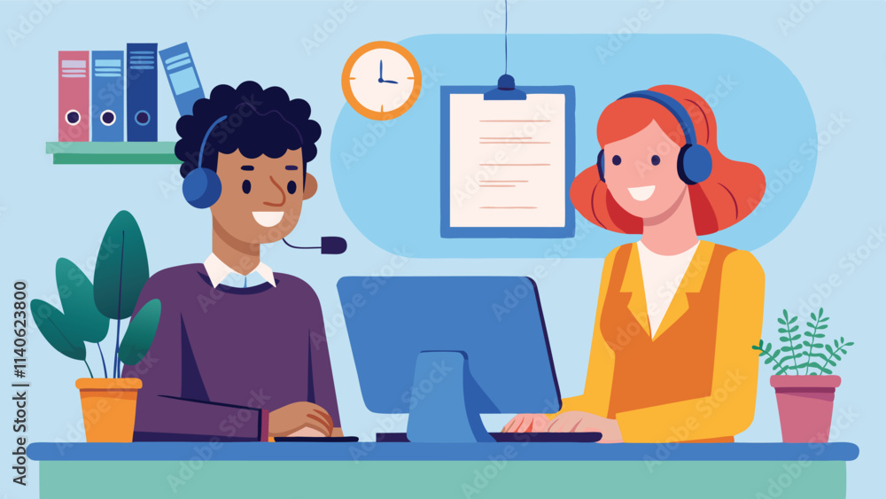 Poster conversation between two professionals in a modern office, showcasing teamwork and communication wit