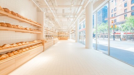 Fototapeta premium A bright, modern bakery showcasing freshly baked bread on wooden shelves.