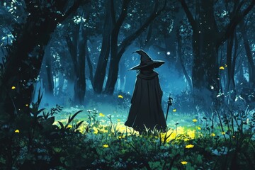 a cloaked figure stands in a dark forest