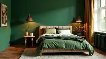 Cozy Modern Bedroom Interior with Green and Brown Decor