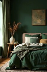 Cozy Modern Bedroom Interior with Green and Brown Decor