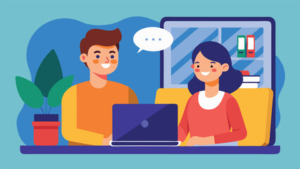 Two people engaging in a virtual conversation on a laptop with chat bubbles, plants, and a friendly atmosphere