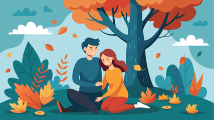 Couple enjoying autumn amidst colorful foliage in a tranquil park setting