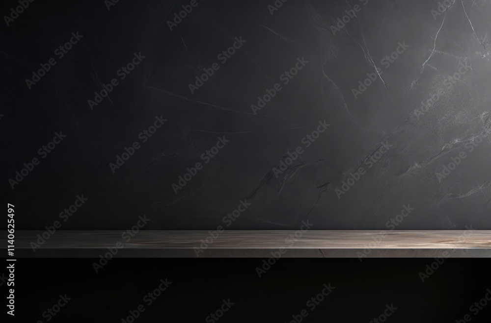 Poster minimalistic dark background with a wooden shelf ideal for showcasing products or artwork.