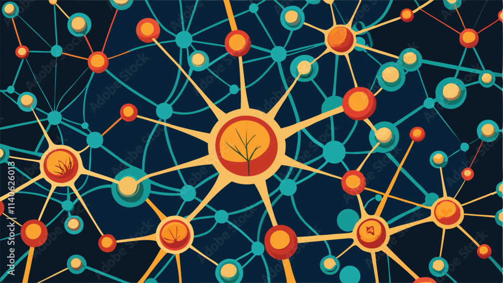 Fototapete Colorful abstract vector representation of a network of interconnected cells or molecules on a dark background
