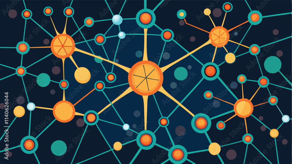 Poster Colorful abstract vector representation of a network of interconnected cells or molecules on a dark background