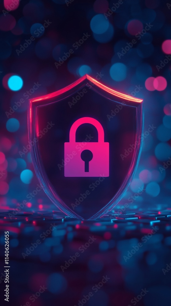 Poster glowing shield protecting digital data with padlock icon in futuristic cyberspace
