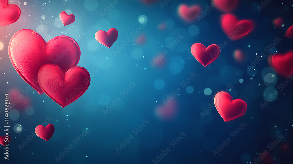 Poster romantic red hearts floating in a bokeh background. a beautiful image of red glitter hearts floating
