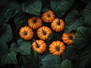 overhead shot of orange pumpkins nestled amongst dark green leaves