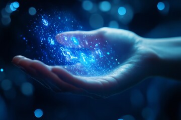Hands Embracing Glowing Symbols in a Mesmerizing Digital Realm of Ethereal Light During a Serene, Twilight Moment
