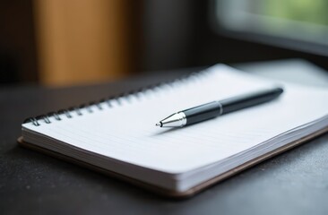 Flat lay desk, with color notepad, close-up, top view