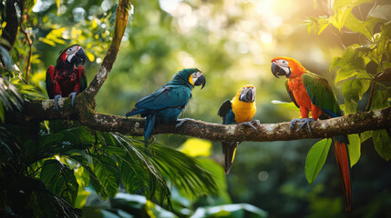 Obraz premium Vibrant macaws perched on rainforest branch, basking in sunlight scene of serene beauty and natural wonder