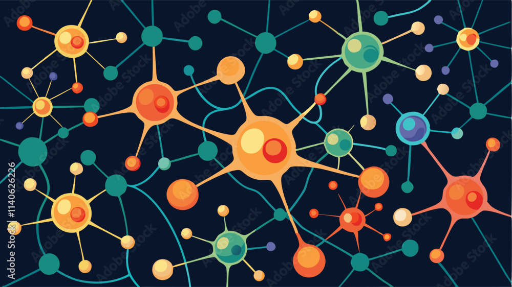 Poster Colorful abstract vector representation of a network of interconnected cells or molecules on a dark background
