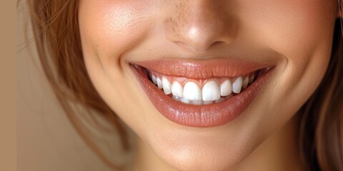 Fototapeta premium Close-up of a Smiling Woman's Mouth with Bright White Teeth and Natural Lips, Showcasing Perfect Dental Hygiene and Radiant Skin in a Neutral Background Setting
