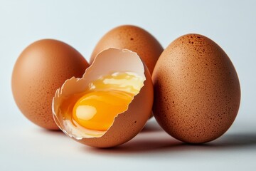 Brown eggs with one cracked open exposing a bright yolk and white on a clean surface