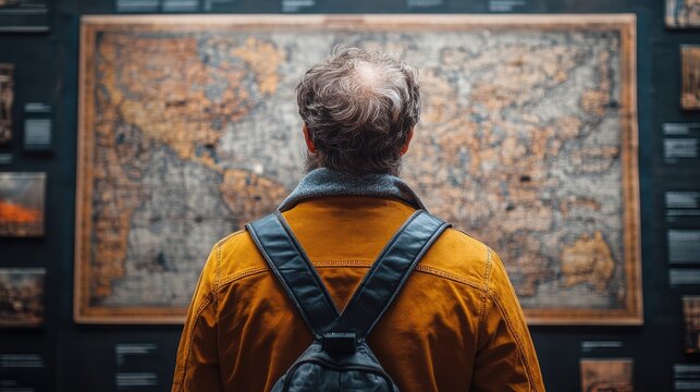 Back View of a Man with Backpack in Orange Jacket Studying an Antique World Map Display in a Museum or Gallery Setting