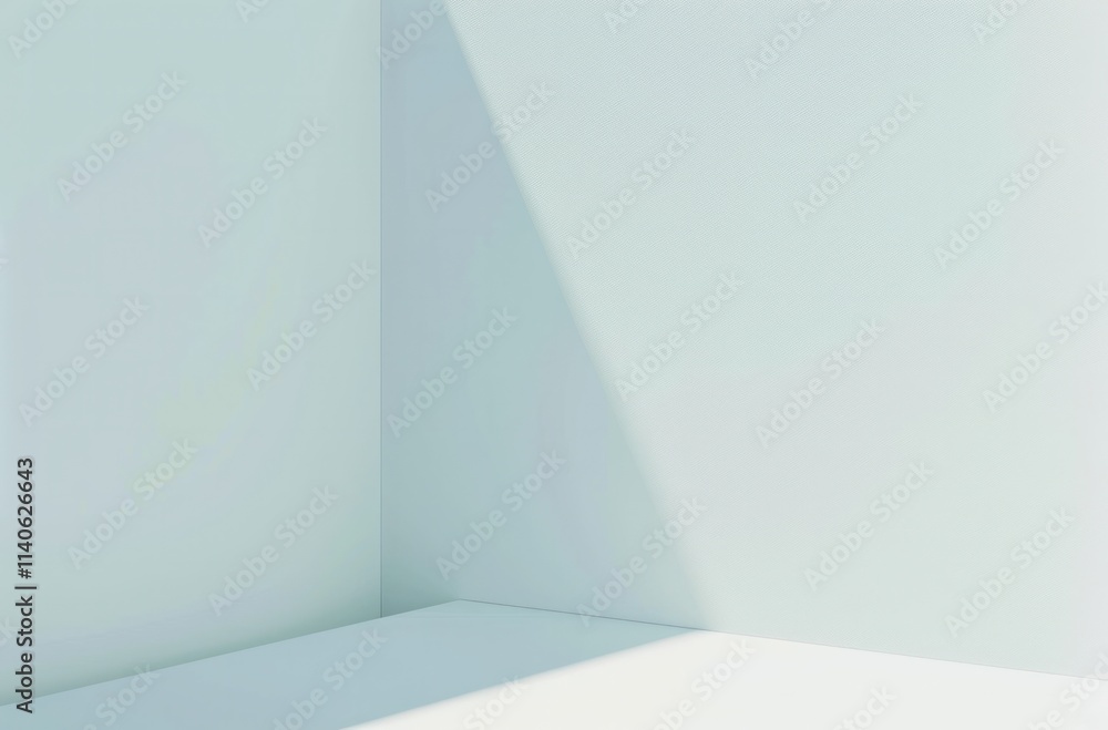 Poster minimalist corner with soft shadows and light blue walls creating a serene and tranquil atmosphere.