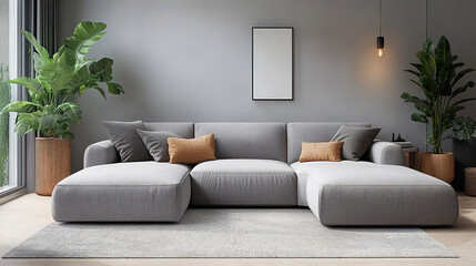 Fototapeta premium Stylish Grey Corner Sofa in Scandinavian-Inspired Modern Living Room Design