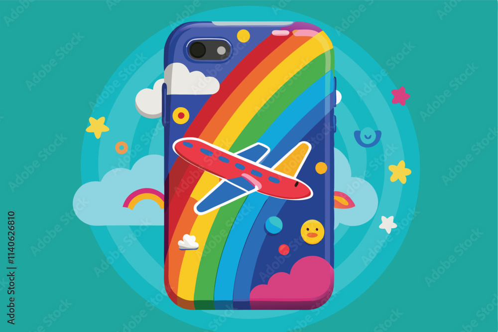 Poster vector illustration of a colorful phone case featuring an airplane and a vibrant rainbow against a c