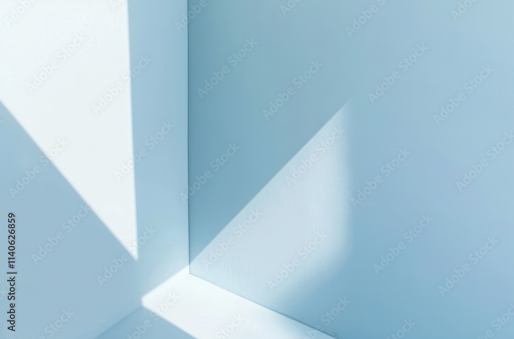 Poster serene corner featuring soft blue walls and subtle shadows creating a calm and minimalist atmosphere