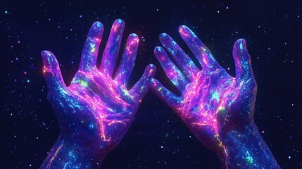 Obraz premium Futuristic glowing hands with neon veins and galaxy background, abstract space concept