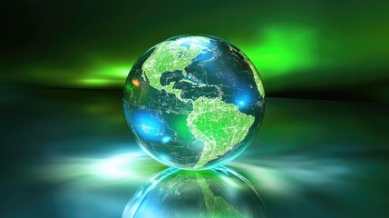 A 3D holographic globe with visible trade routes, vibrant lighting effects in neon blue and green, advanced technology depiction, clean background 